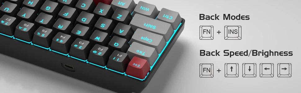 A close-up view of a compact mechanical gaming keyboard showing various function keys and back modes controls.