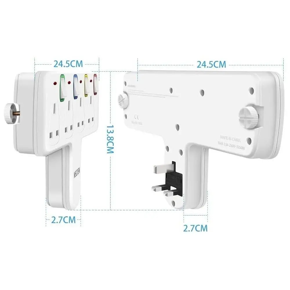 A white smart USB power strip with surge protection features is shown from the side and top view.