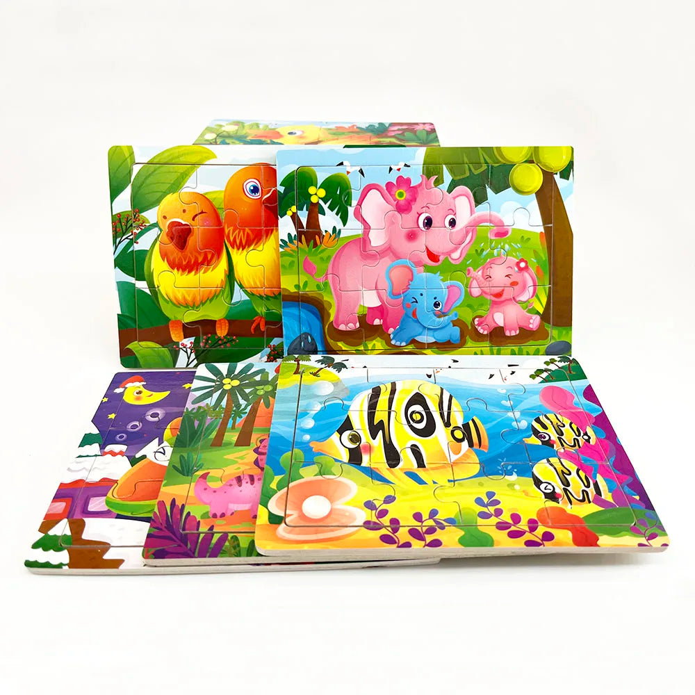 A wooden jigsaw puzzle set featuring colorful jungle animals like a lion, elephant, and pink rhino.