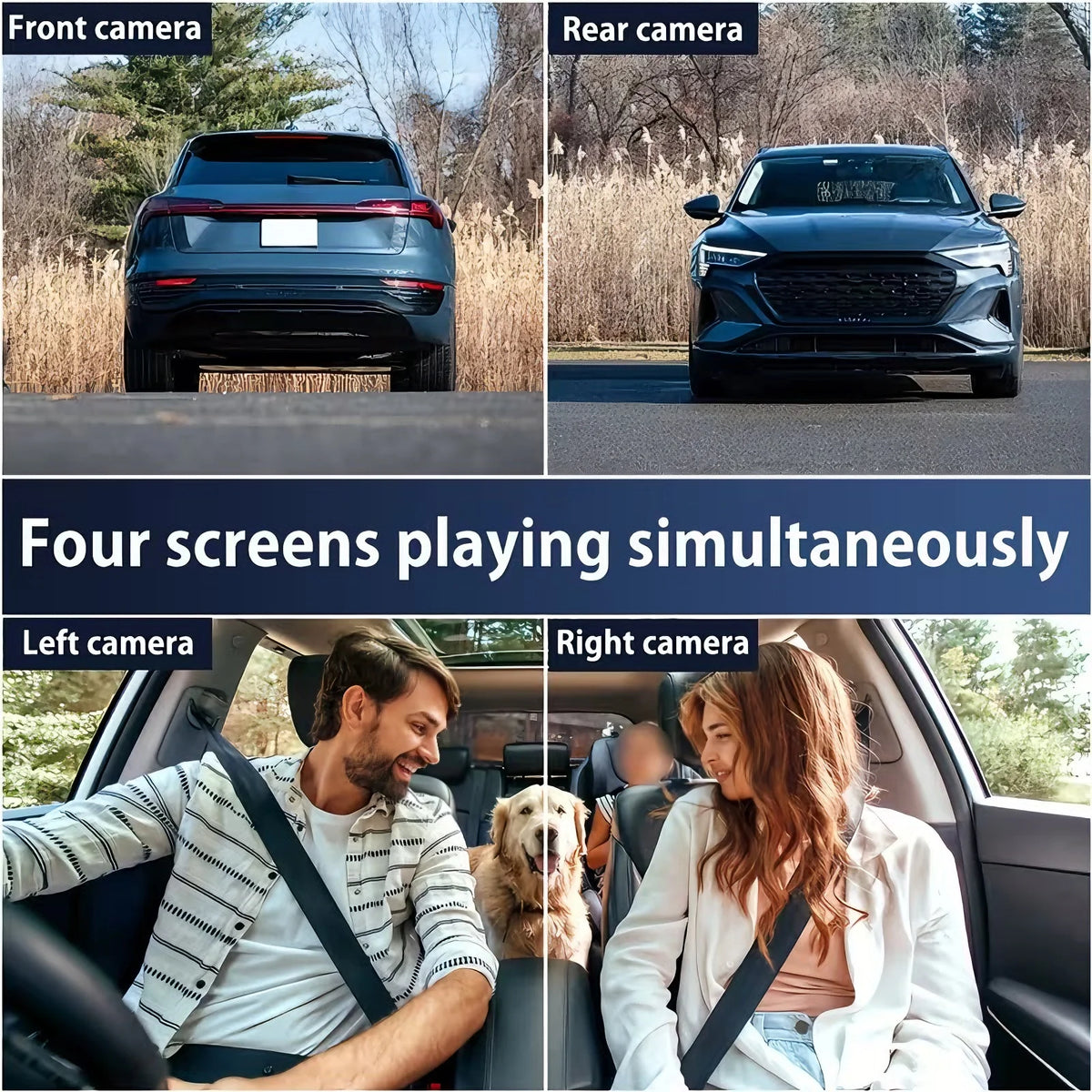 A four-channel dash cam system showing front and rear camera views and interior footage.