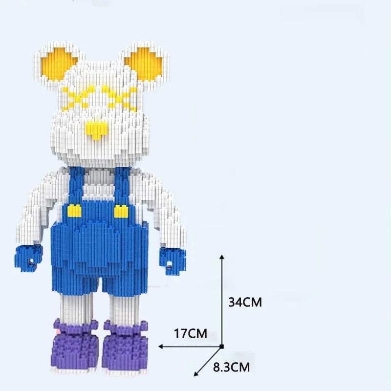 A white and yellow mini angry bear building block set with blue overalls and purple feet.