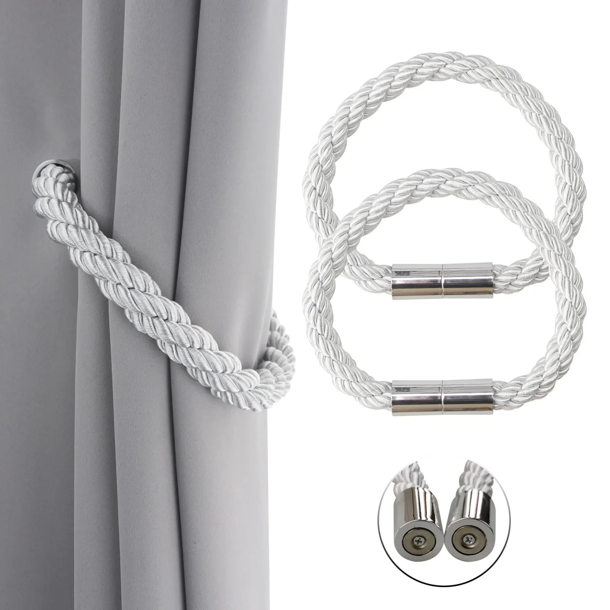 Two white rope magnetic curtain tiebacks with silver clasp components shown next to a gray curtain.