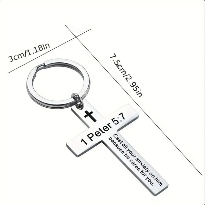 Stainless Steel Cross Keychain with Scripture