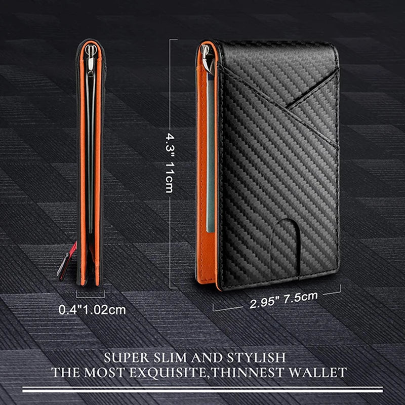 A black slim wallet shown in profile, highlighting its thin design and features.