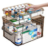 A transparent plastic first aid storage box with a handle, filled with various medical supplies and bottles.