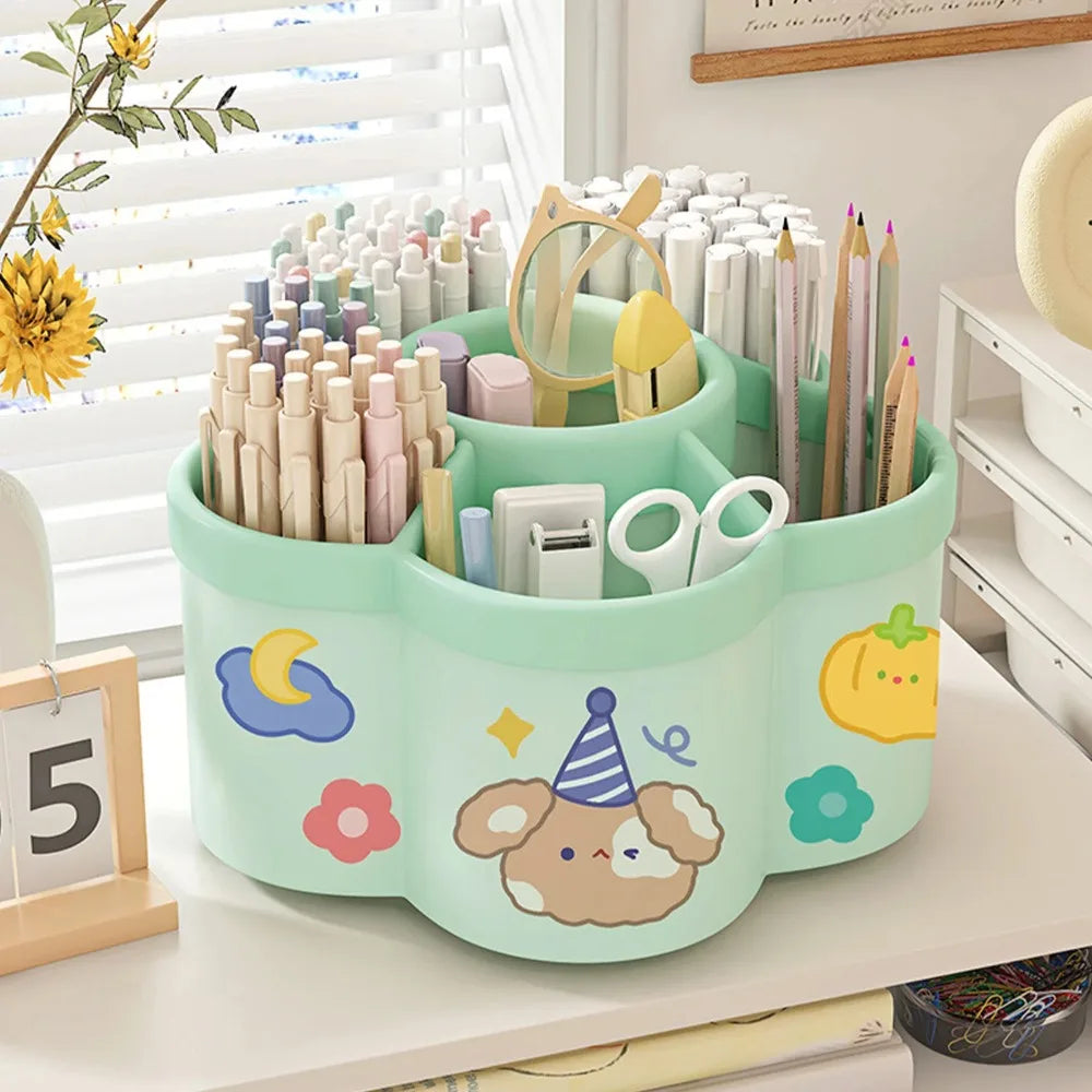 A light green rotating desk organizer holding various pens, pencils, and supplies.