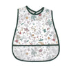 A white baby feeding bib with a green trim featuring a floral pattern and a catch pocket.
