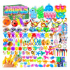 A large assortment of colorful sensory fidget toys and stickers for kids including pop-it toys, squishy balls, and various sm