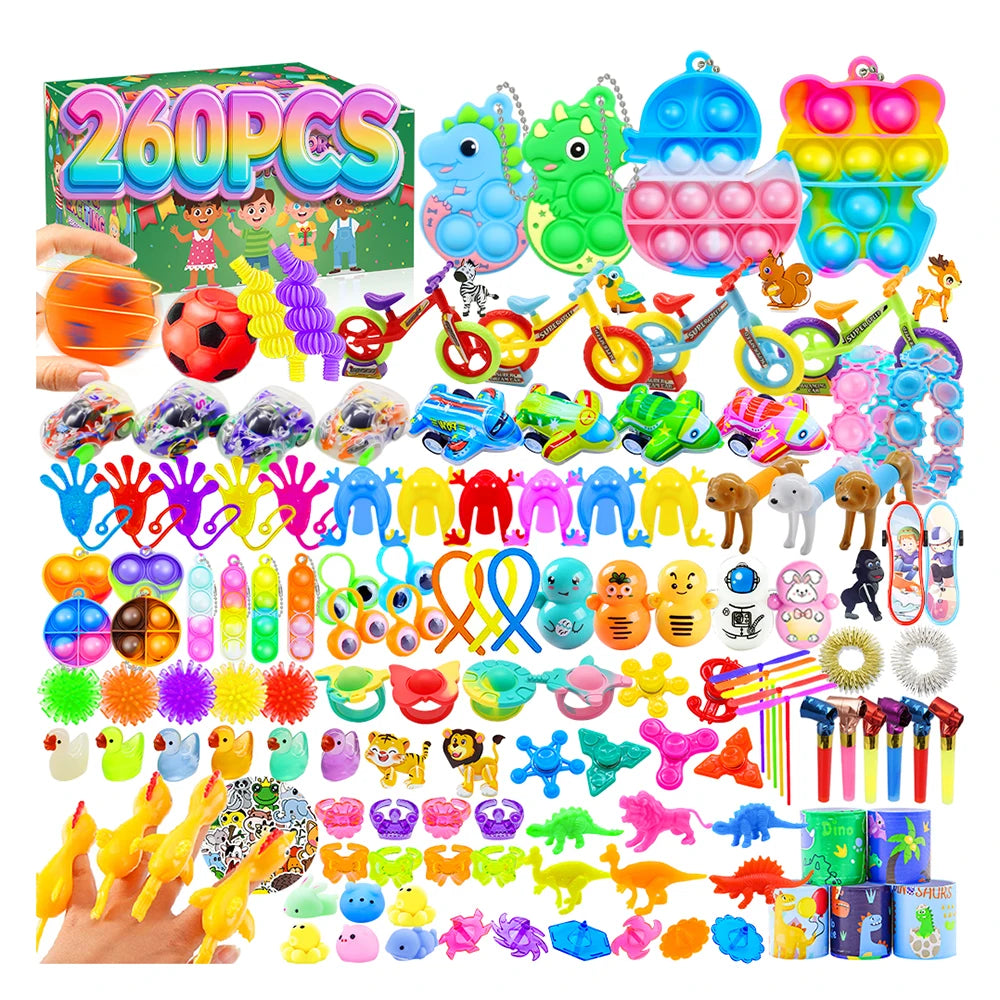 A large assortment of colorful sensory fidget toys and stickers for kids including pop-it toys, squishy balls, and various sm