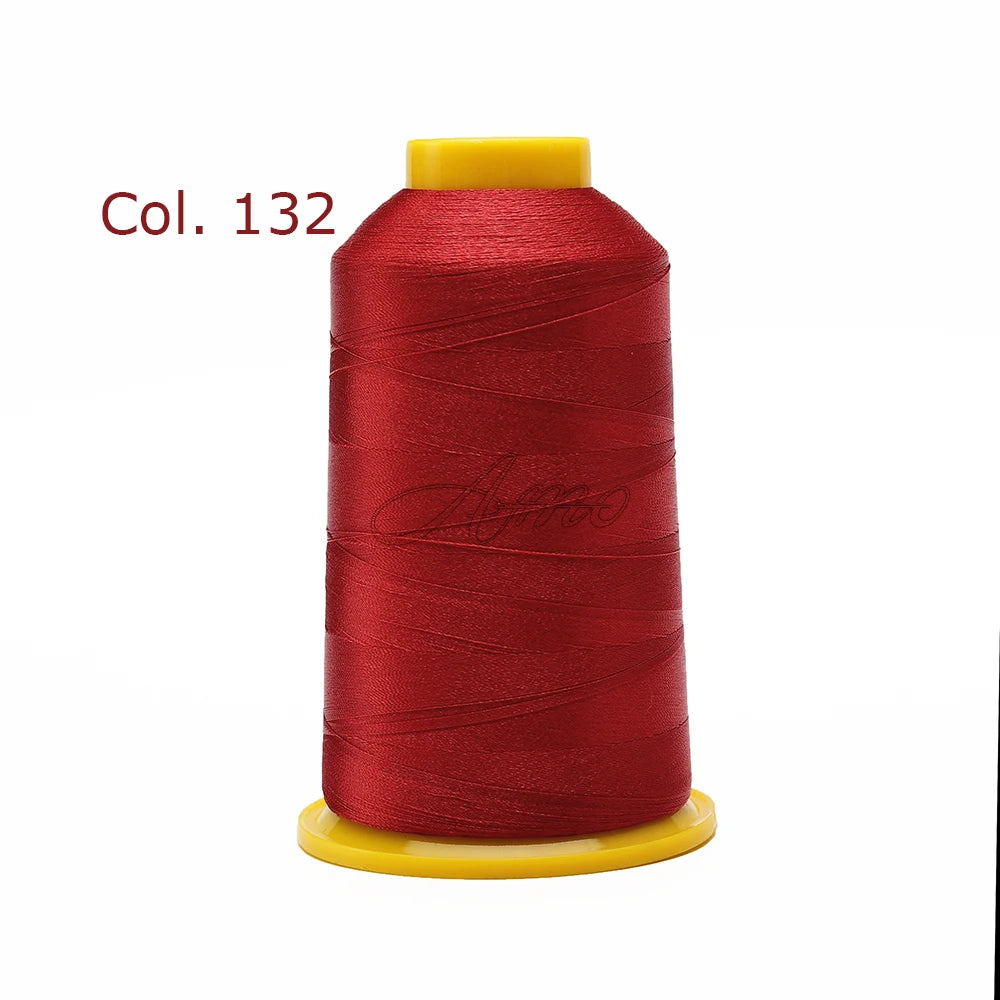 A spool of red polyester embroidery thread labeled Col. 132 with a yellow core.