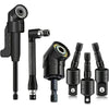 A set of black flexible drill bit extensions and a right angle adapter for drilling tasks.