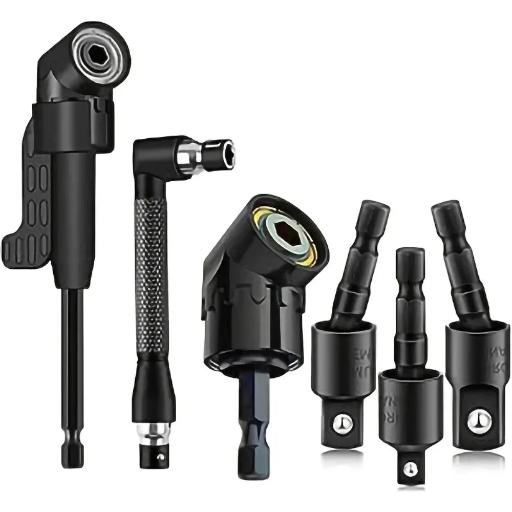 A set of black flexible drill bit extensions and a right angle adapter for drilling tasks.