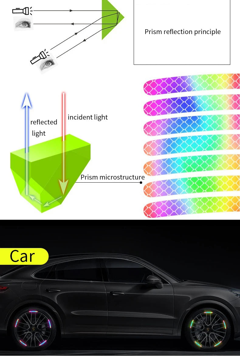 A dark car with illuminated reflective wheel rim stickers visible on the front wheel.
