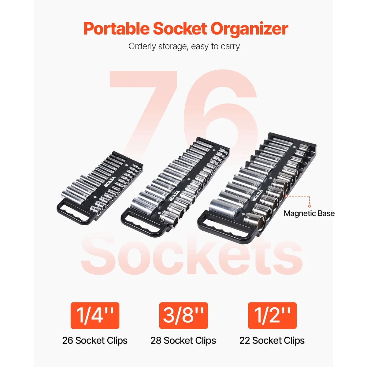 Portable socket organizer tray set with clips for 1/4 inch, 3/8 inch, and 1/2 inch sockets
