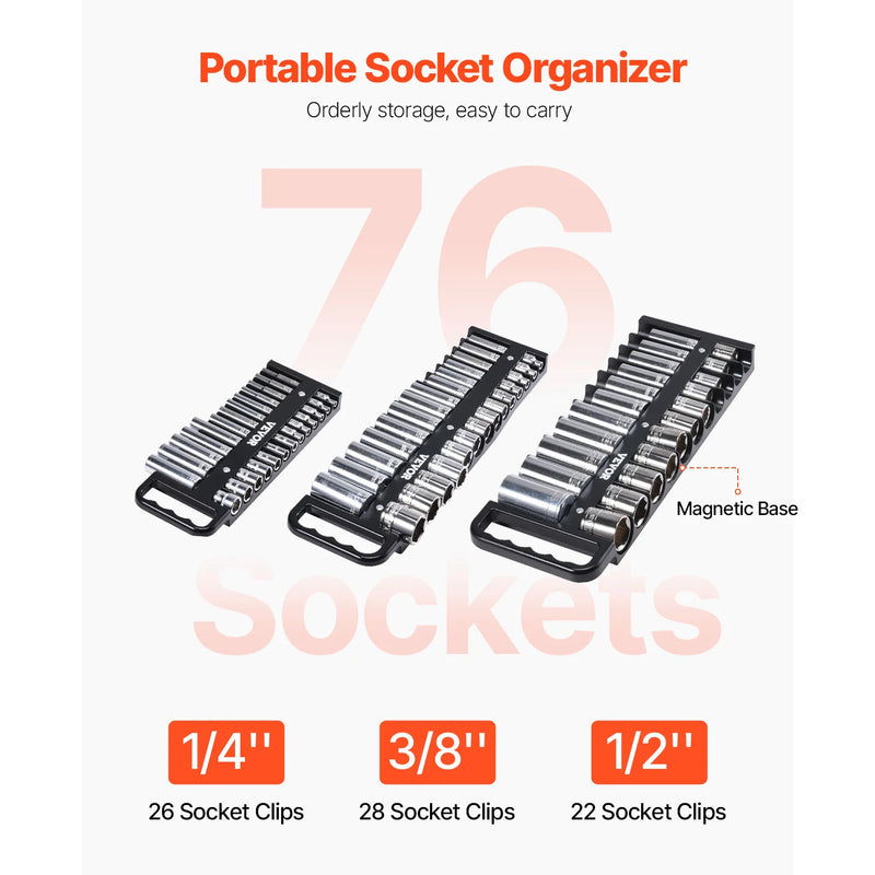 Magnetic Socket Organizer Tray Set - Holds Up to 76 Sockets