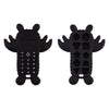 Black silicone baby teether toy shaped like a remote control, featuring various buttons and shapes.