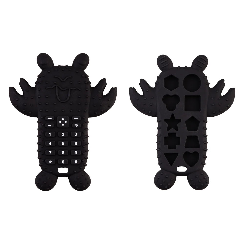 Black silicone baby teether toy shaped like a remote control, featuring various buttons and shapes.