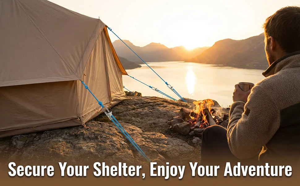 A person sits by a campfire enjoying the sunset while a tent is set up nearby.