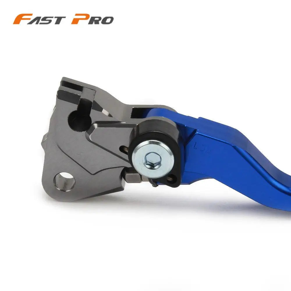 A blue and silver CNC aluminum brake and clutch lever set for a dirt bike.