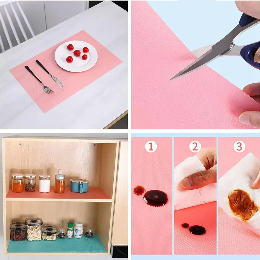 A set of pink silicone mats and a knife are shown alongside a refrigerator liner mat product.