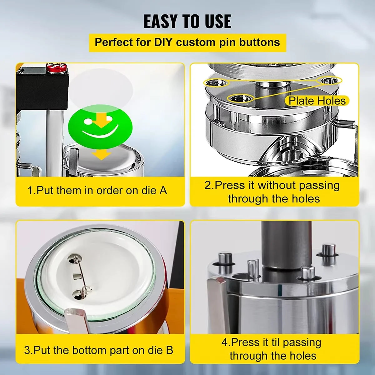 Instructions for using a button maker kit to create custom pin buttons by pressing parts through die holes