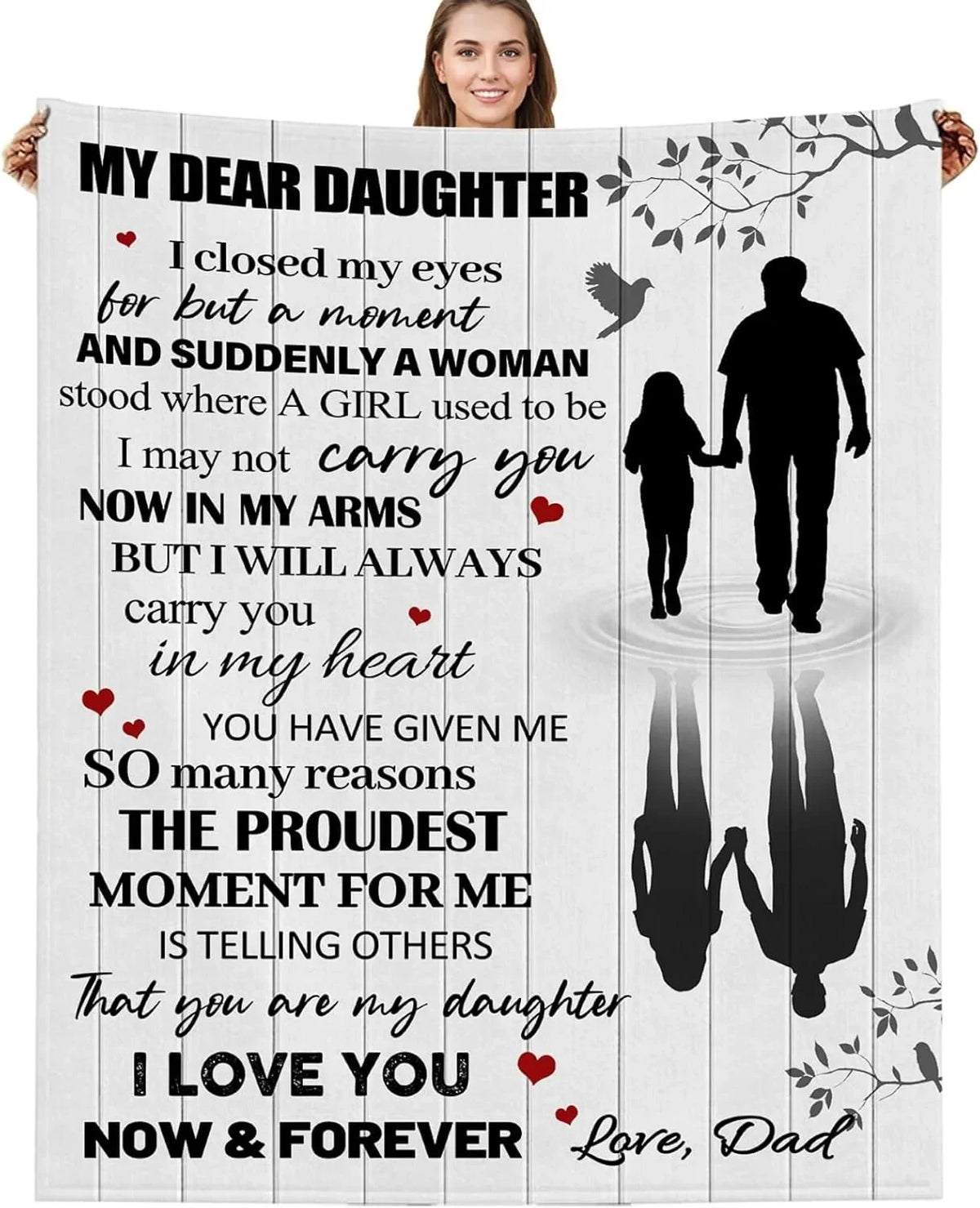 A personalized printed fleece throw blanket featuring a heartfelt message to a daughter