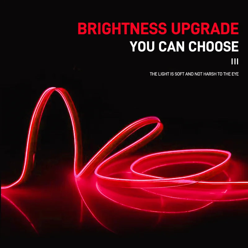 A close-up of a flexible red LED neon strip curving across a dark surface, demonstrating brightness upgrade lighting.
