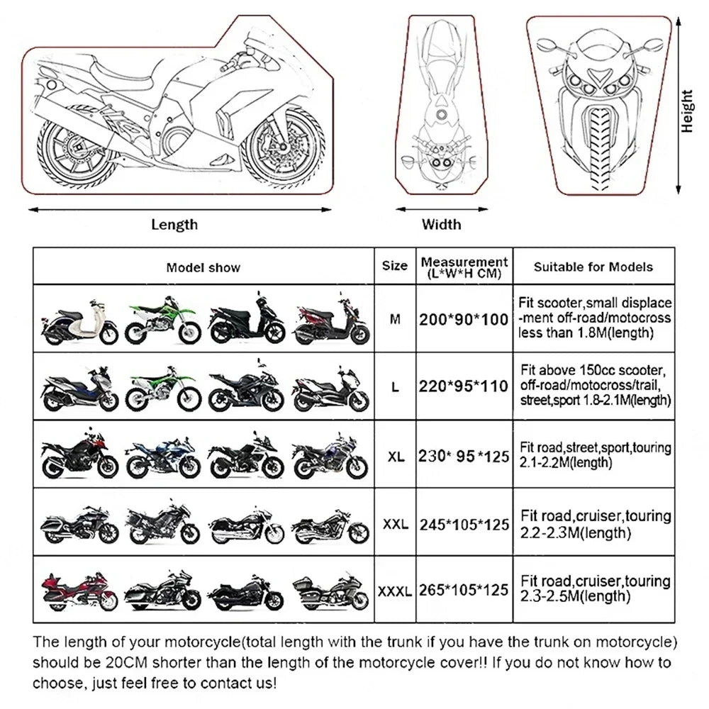 Diagram showing the dimensions and fit of an all-weather motorcycle cover for various models.