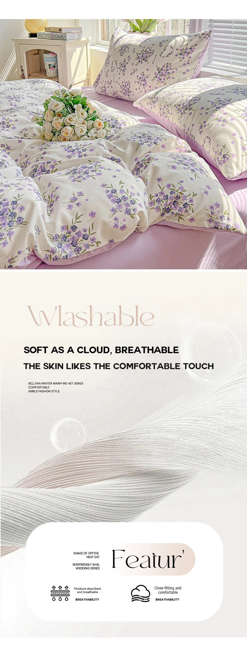 A set of floral duvet cover, flat sheet, and pillowcases in soft lilac and white tones with delicate purple floral patterns.