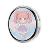 A round digital badge featuring an anime girl with pink hair and large eyes against a light blue background.