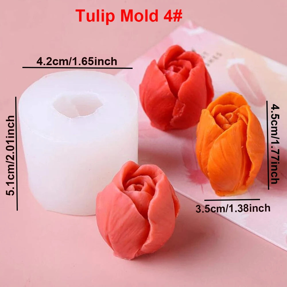 A set of four orange and pink tulip silicone molds for candle and soap making displayed on a white background.