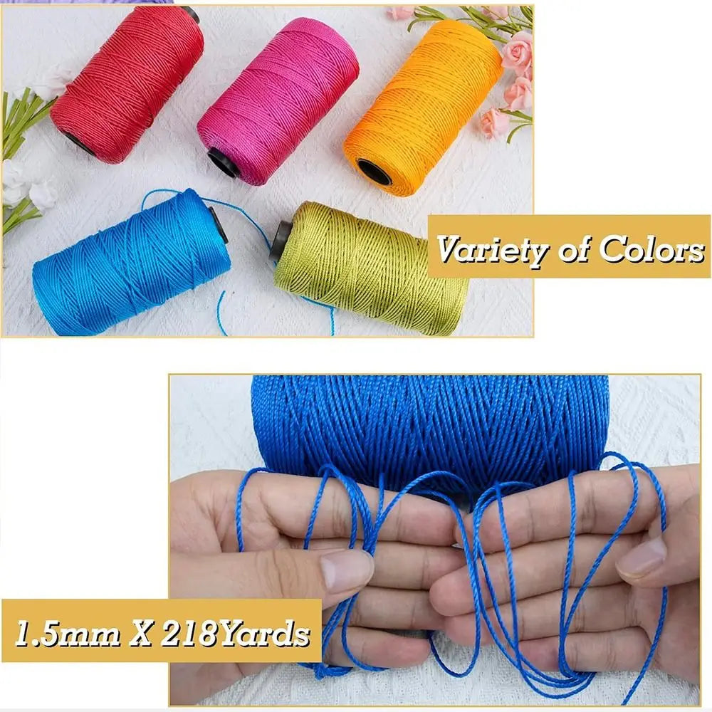 A variety of colored threads including red, pink, yellow, and blue, with a close-up of 1.5mm x 218 yards of blue thread being