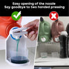 A hand is shown using a laundry detergent cup holder with a drip tray to dispense liquid into a glass.