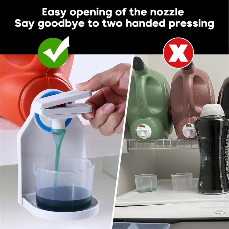 A hand is shown using a laundry detergent cup holder with a drip tray to dispense liquid into a glass.