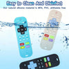 A silicone teething remote for babies is shown floating in water, with various buttons visible.
