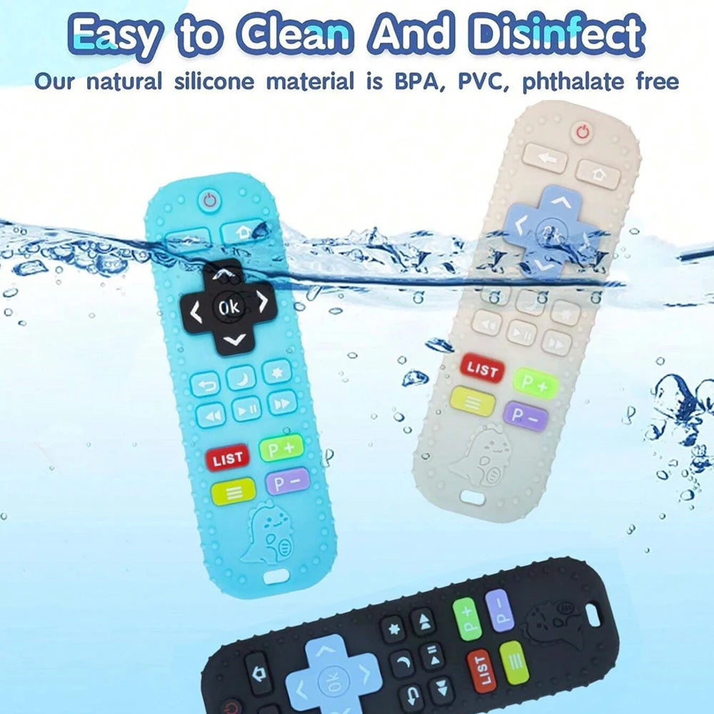 A silicone teething remote for babies is shown floating in water, with various buttons visible.