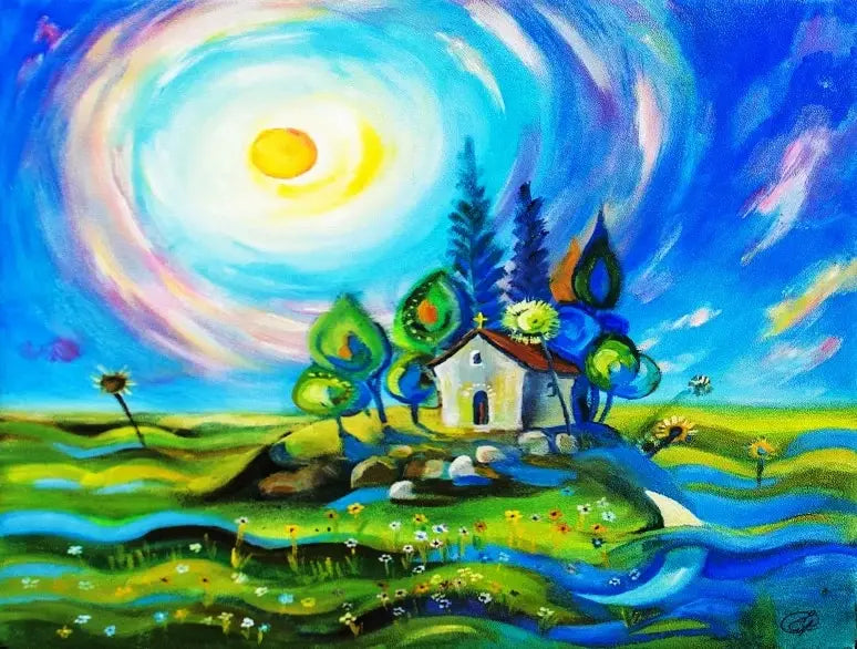 A painting depicting a small house and trees against a vibrant blue sky with swirling light effects.