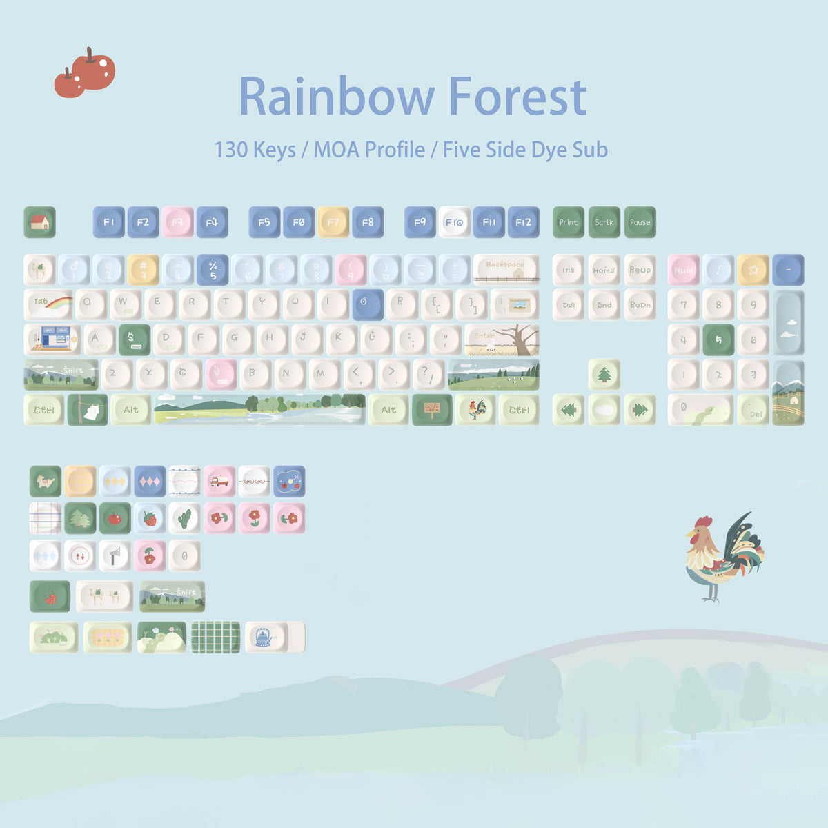 Rainbow Forest 130 keys MOA Profile PBT keycaps for mechanical keyboards featuring a colorful theme.