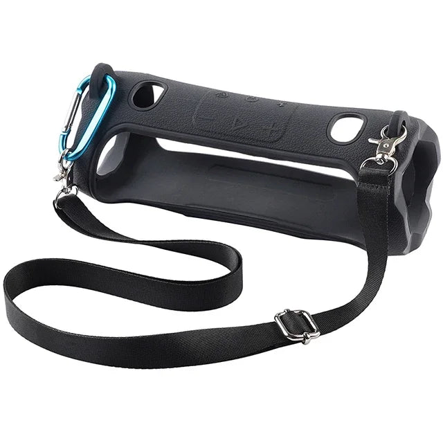 Black shockproof silicone protective case for a JBL Charge 6 speaker with a strap and clasp.