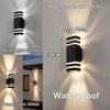 Modern black and white LED wall sconce with adjustable light beams, featuring replaceable E27 bulbs and waterproof design.