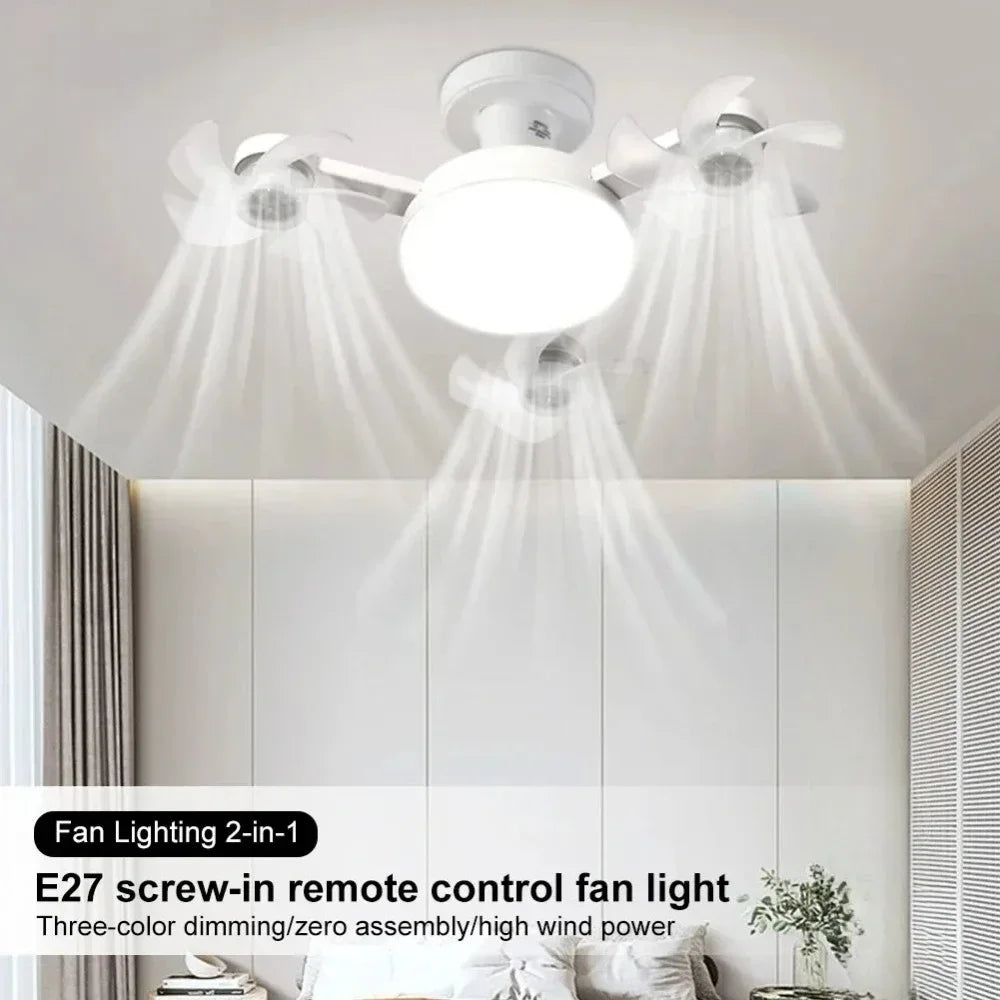 A white ceiling fan light fixture with three light sources and a remote control is installed in a modern room.