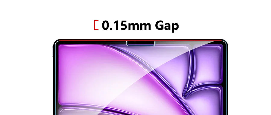 A close-up view of a smartphone screen with a 0.15mm gap, showing a purple glass protector.