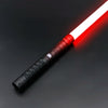 A red lightsaber with a white blade and black hilt is shown against a dark background.
