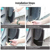 Installation steps showing how to install mud guards on a car wheel.