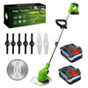 A set of cordless electric lawn mower and string trimmer tools including a trimmer, battery, and cutting blades.