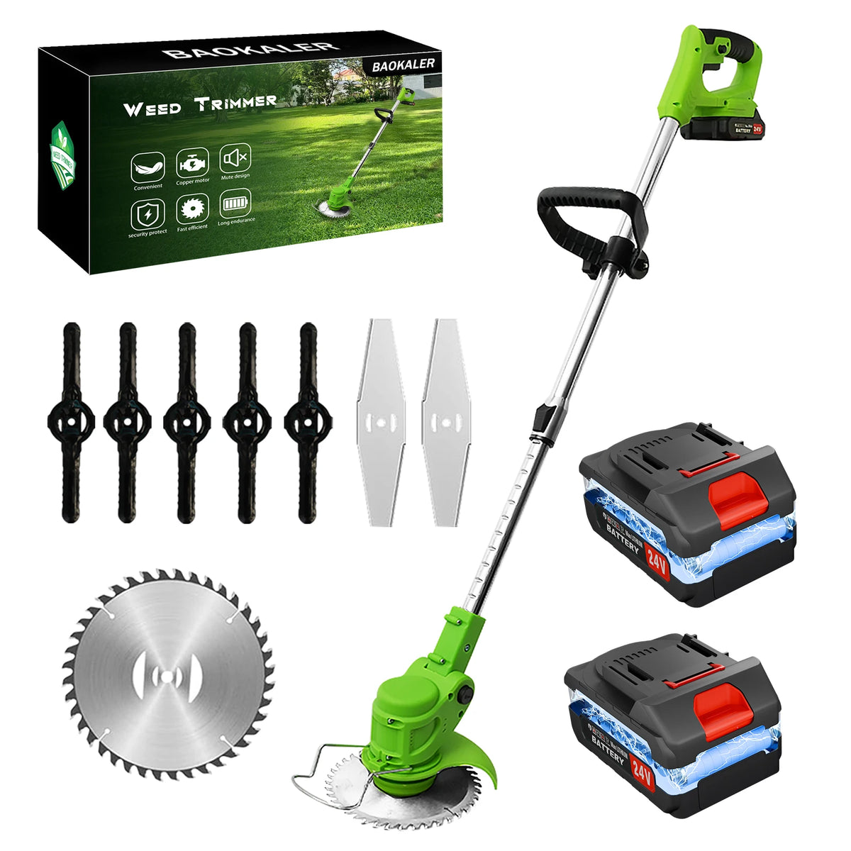 A set of cordless electric lawn mower and string trimmer tools including a trimmer, battery, and cutting blades.
