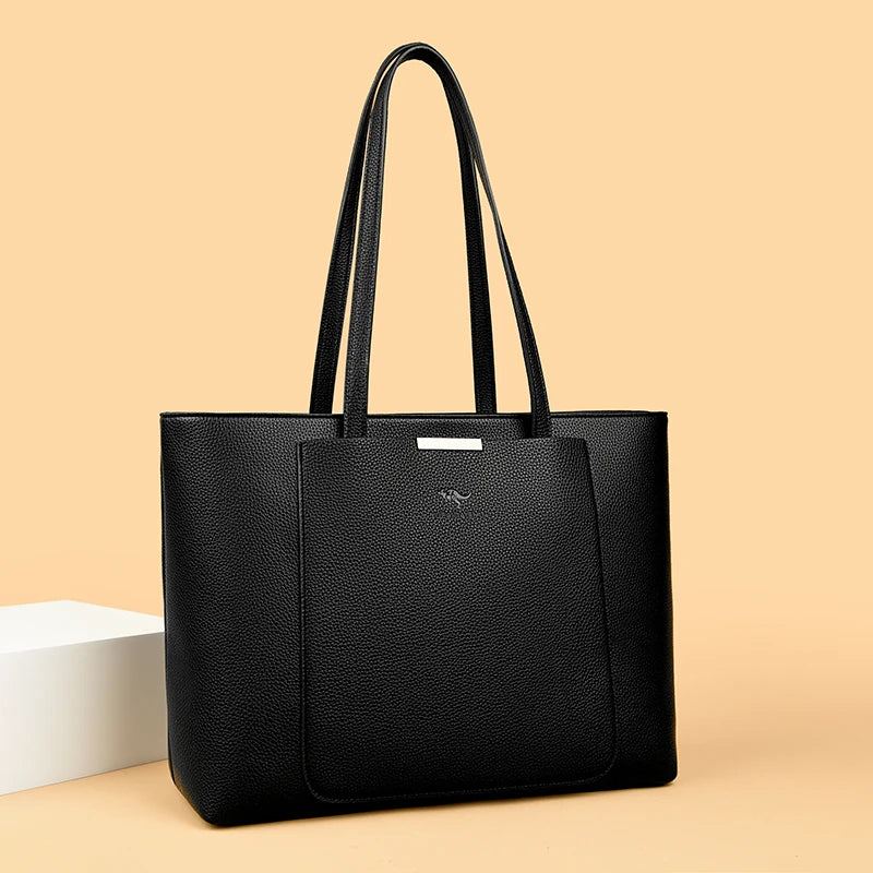 Genuine Leather Tote Bag with Multiple Pockets &amp; Zipper Closure