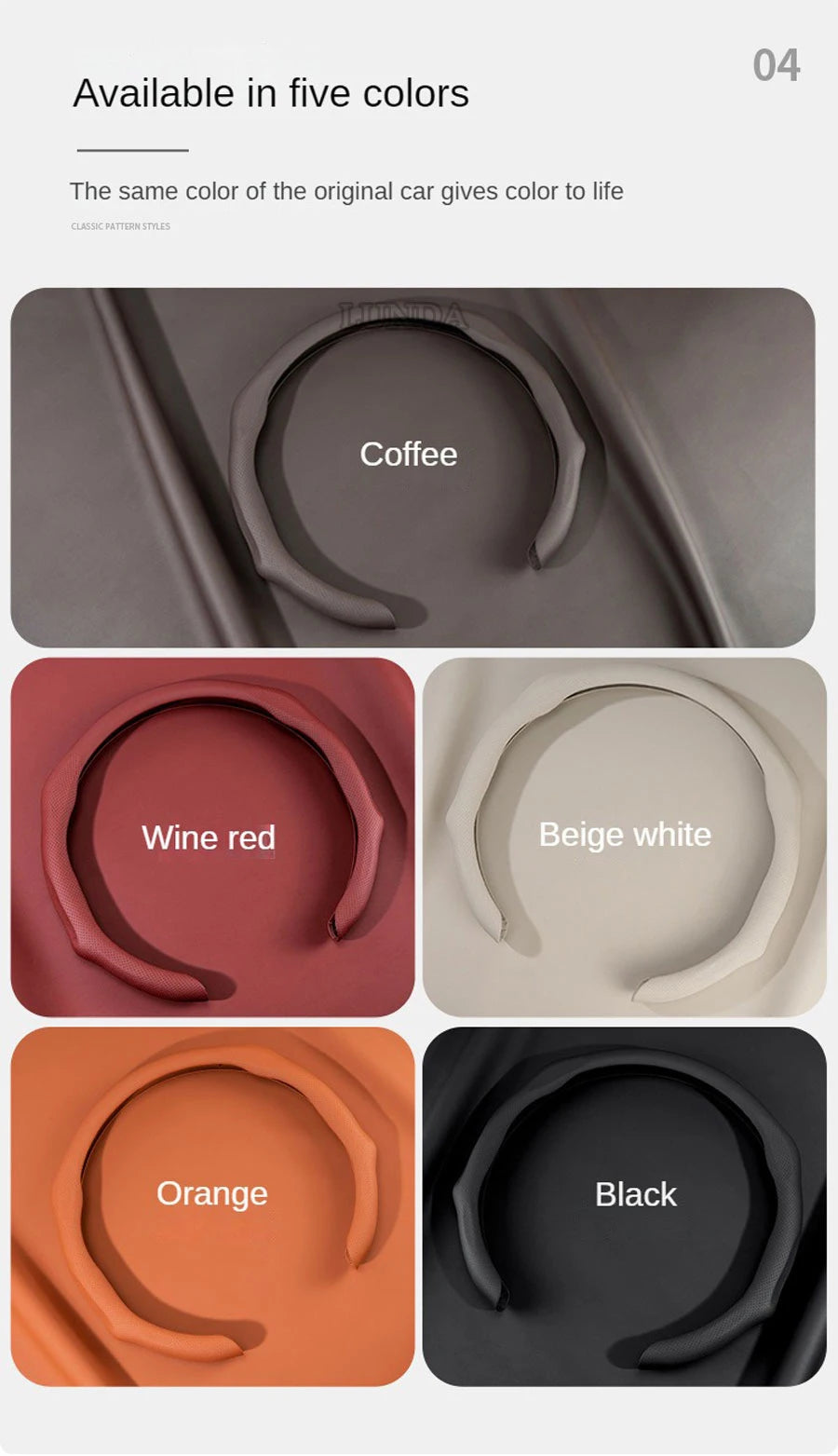 Fünf Farboptionen für eine universelle Lenkradabdeckung in verschiedenen Schattierungen darunter Kaffee, Weinrot, Beige, Weiß