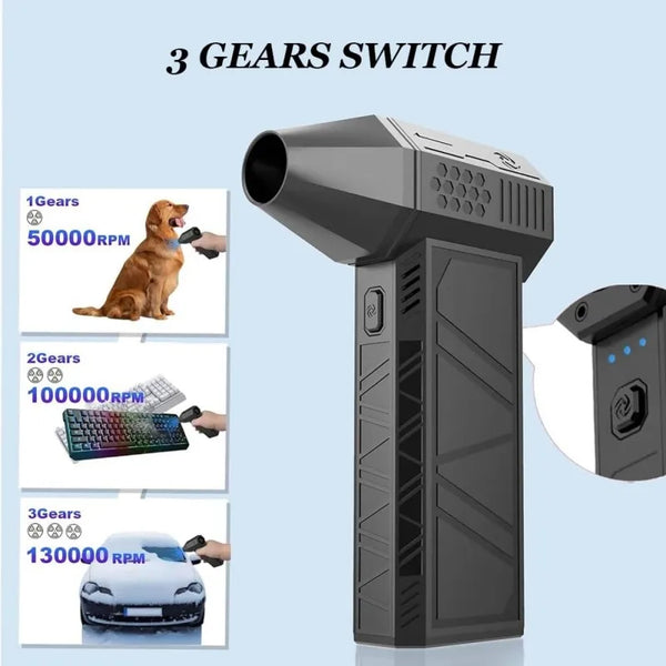 A black high-speed turbo jet blower device is shown with three gear settings displayed.