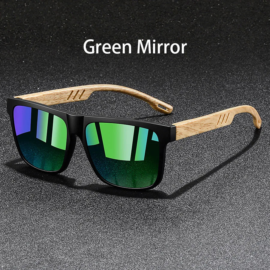 A pair of vintage square sunglasses with green mirrored lenses and wooden frames.